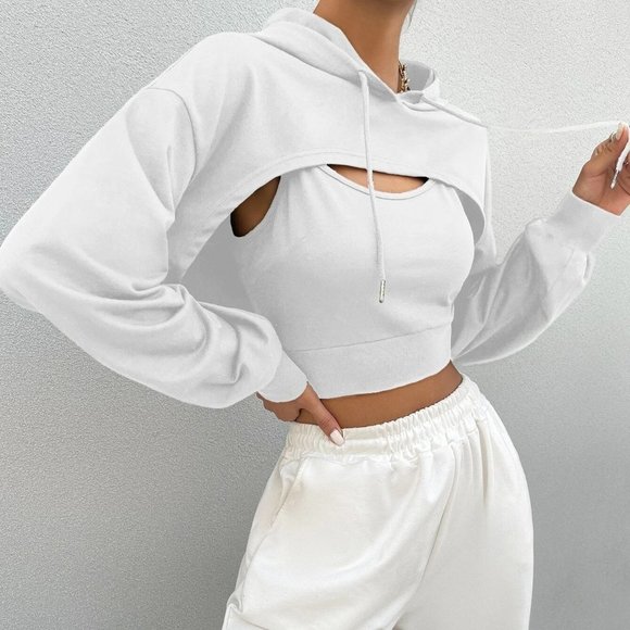 White Preppy Womens Drop Shoulder Drawstring Super Crop Hoodie & Top - Picture 5 of 5